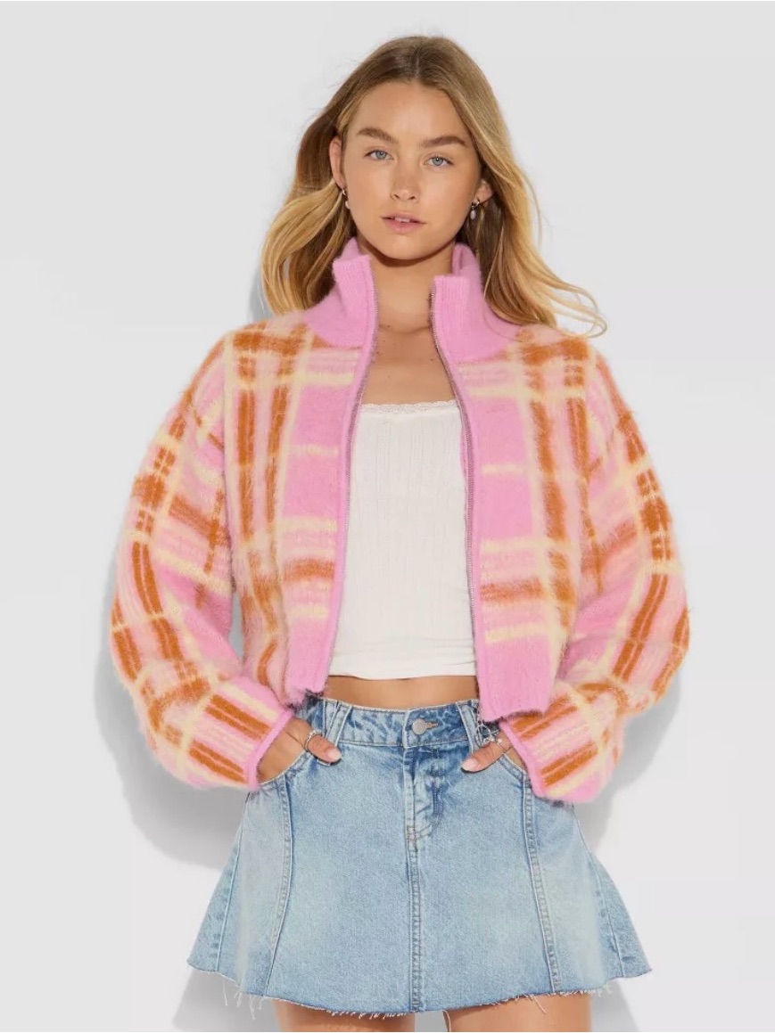Wild Fable Women’s Pink Orange Plaid Mock Turtleneck Full Zip Cardigan Sweater